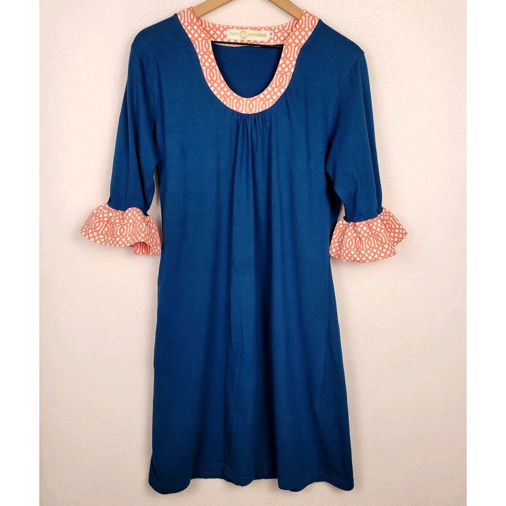 Tracy Negoshian Blue Dress with Coral Trim